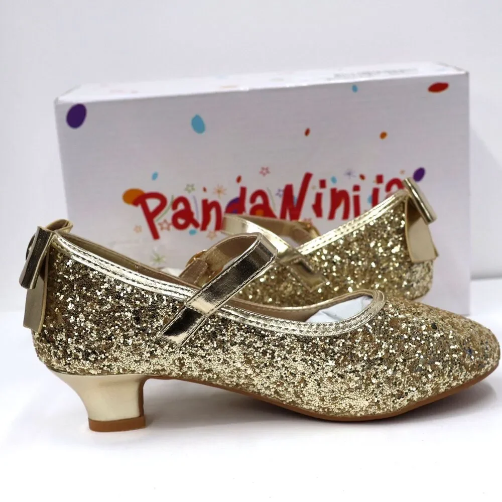 PANDANINJIA Girls Heels, Dress Shoes for Girls, Mary Jane Gold, Sequin SIZE 3